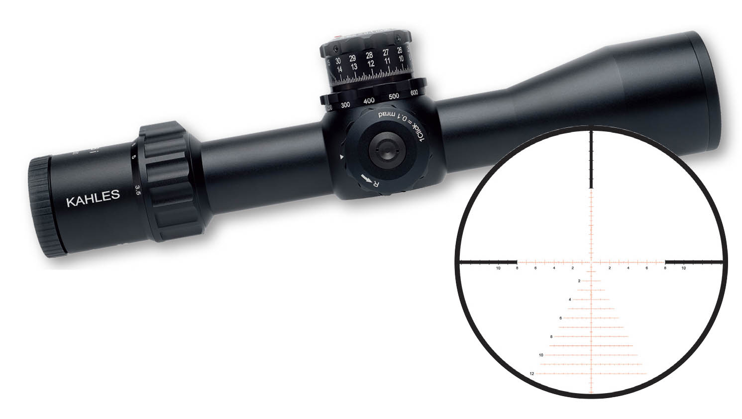The Kahles K318i 3.5-18x 50mm scope is available with two different reticles, including the SKMR3 John used.